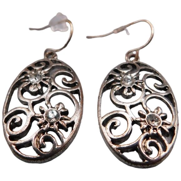 Filigree Floral Motif Clear Rhinestones Pierced Earrings Silver Tone Elegant - Picture 1 of 7